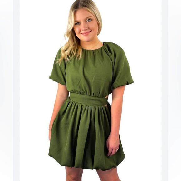 Seek The Label Olive Green Bubble Hem Mini Dress Sz M - Picture 2 of 10